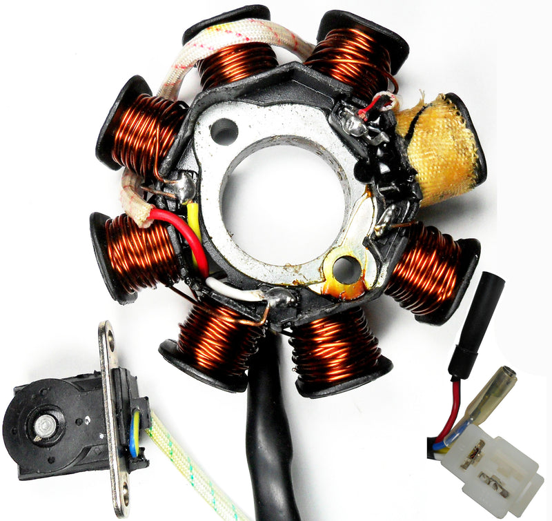 Stator 49-150cc 4 Stroke  Fits Many Chinese ATV, GoKarts, Scooters  8 Coil 2 Pin in 3 Pin Jack + 2 Wires  1 Pole Wrapped  Pickup Coil c/c=34  Bolt mounting C/C=41mm