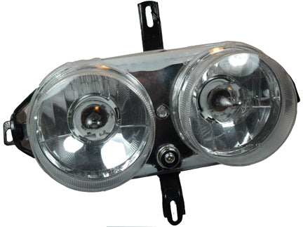 Headlight  Fits Tao Tao CY50A, CY150B, and Many Chinese Scooters  3 Pin FM Jack x 2 - Bolts Side to Side=9 3/4