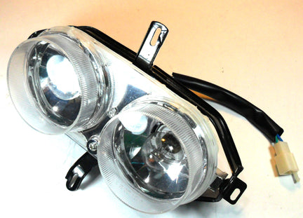 Headlight  Fits Tao Tao CY50A, CY150B, and Many Chinese Scooters  3 Pin FM Jack x 2 - Bolts Side to Side=9 3/4
