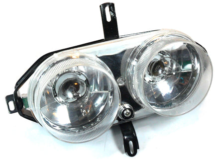 Headlight  Fits Tao Tao CY50A, CY150B, and Many Chinese Scooters  3 Pin FM Jack x 2 - Bolts Side to Side=9 3/4
