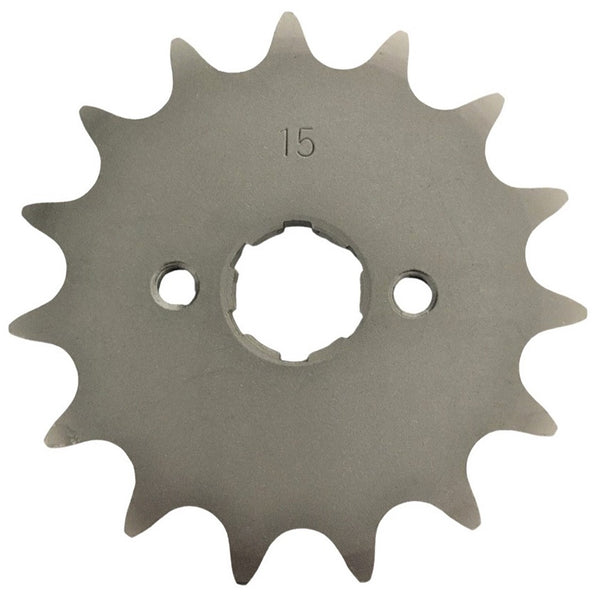Front Sprocket #520 15th  Fits E-Ton Impuls TXL90, Thunder AXL90, Sierra DXL90, Viper RXL70-90cc ATVs + Polaris, Alpha Sports, and more.  Bolts=2x34mm Ctr to Ctr, Splines=6  Shaft=18/20mm (shortest/longest point)