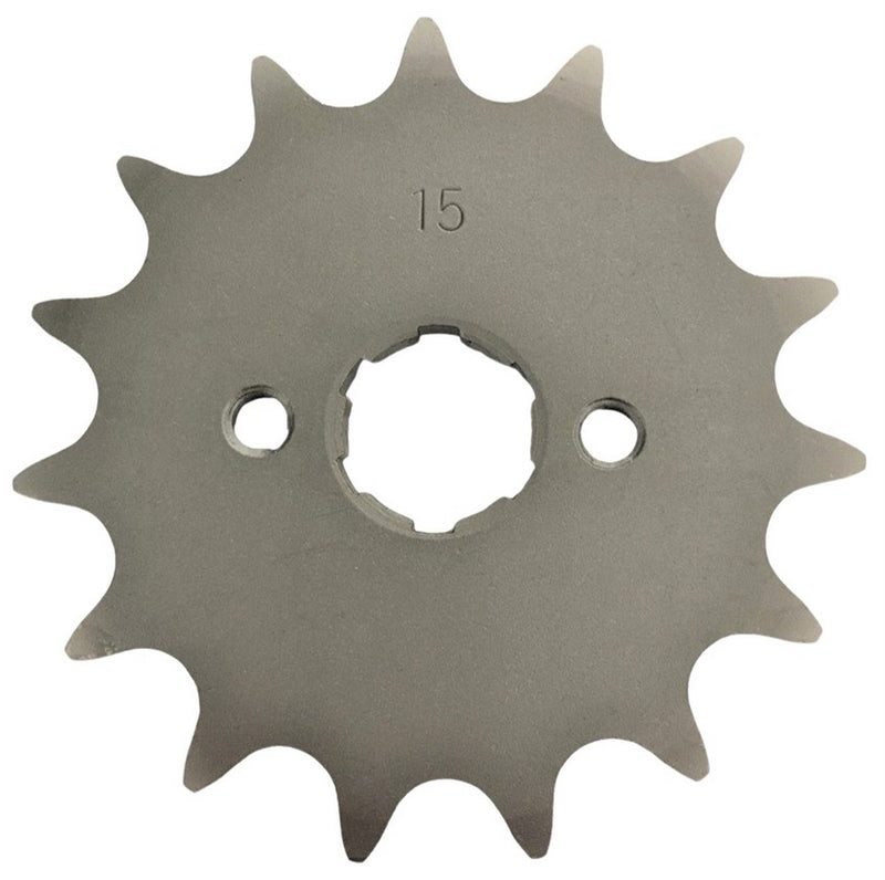 Front Sprocket #520 15th  Fits E-Ton Impuls TXL90, Thunder AXL90, Sierra DXL90, Viper RXL70-90cc ATVs + Polaris, Alpha Sports, and more.  Bolts=2x34mm Ctr to Ctr, Splines=6  Shaft=18/20mm (shortest/longest point)