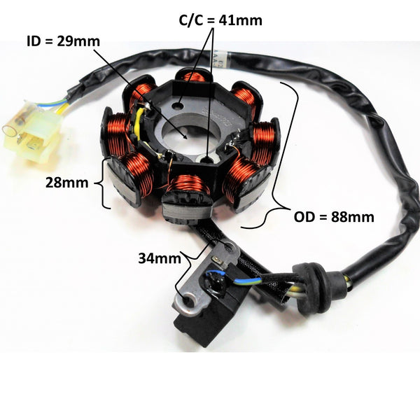 Stator 49-150cc 4 Stroke Fits E-Ton Sport 50, Tomos Nitro 50, 49cc Scooters + More. 8 Coil 2 Pin in 3 Pin Jack + 1 Wire  OD=88 ID=29 H=28 Bolts c/c=41 Pickup Coil c/c=34