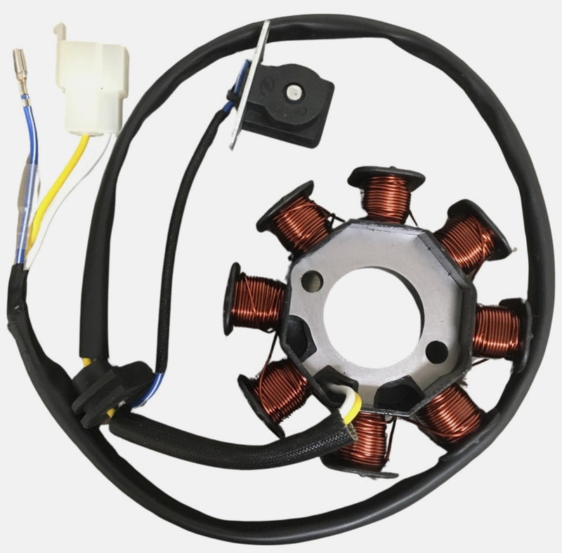 Stator 49-150cc 4 Stroke Fits E-Ton Sport 50, Tomos Nitro 50, 49cc Scooters + More. 8 Coil 2 Pin in 3 Pin Jack + 1 Wire  OD=88 ID=29 H=28 Bolts c/c=41 Pickup Coil c/c=34