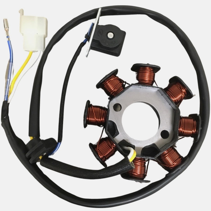 Stator 49-150cc 4 Stroke Fits E-Ton Sport 50, Tomos Nitro 50, 49cc Scooters + More. 8 Coil 2 Pin in 3 Pin Jack + 1 Wire  OD=88 ID=29 H=28 Bolts c/c=41 Pickup Coil c/c=34