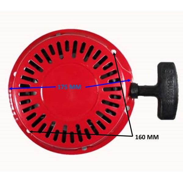 Pull Starter  Fits Coleman KT196, Honda Type GX160 -GX200 and Other 5.5HP (163cc) - 6.5HP (212cc) Motors Used on Generators, GoKarts, Minibikes, Power Equipment  Bolts Ctr to Ctr=160mm OD=175mm  Used on Gokarts, Minibikes, Power Equipmen