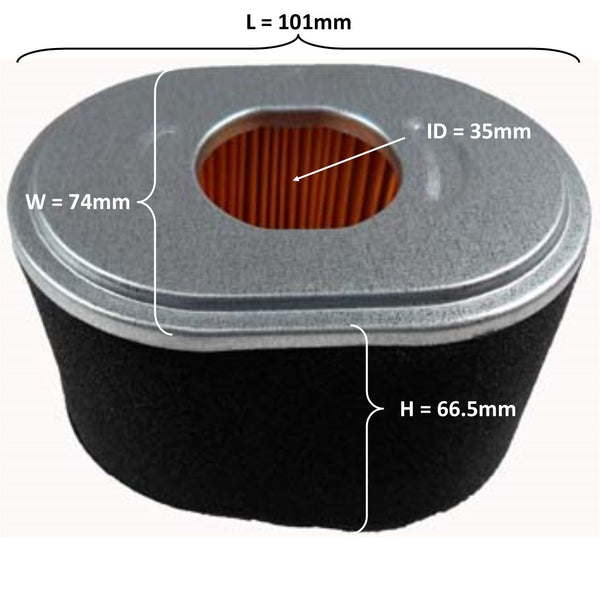 Air Filter  Honda Type GX110 -GX200 and Other 5.5HP (163cc) - 6.5HP (212cc) Motors Used on Generators, GoKarts, Minibikes, Power Equipment  ID=35mm L=101mm W=74mm H=66.5mm