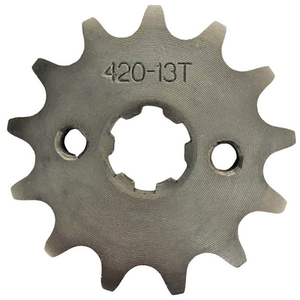 Front Sprocket #420 13th  Bolts=2x30mm, Splines=6  Shaft=14/17mm (shortest/longest point)  Bolts=M5  Fits many 70-125cc ATVs
