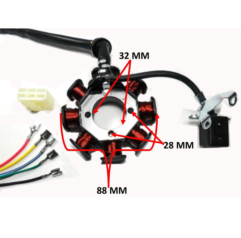 Stator 250cc  Fits CG125 & CG150 + others  8 Coil 5 Wires (includes 6 pin connector)  OD=88 ID=32 H=28 Bolts c/c=28