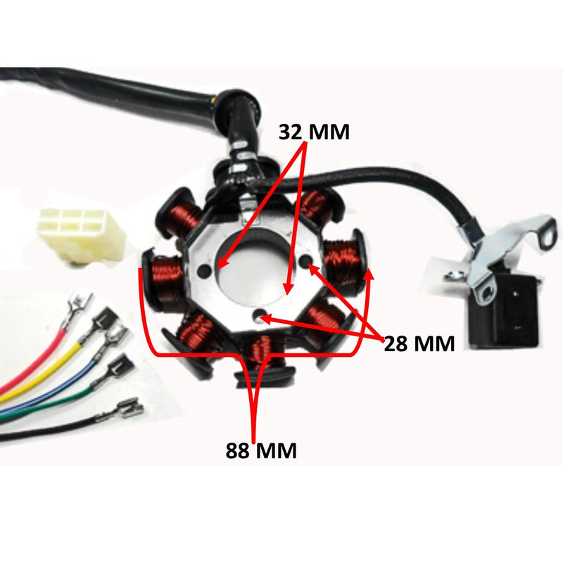 Stator 250cc  Fits CG125 & CG150 + others  8 Coil 5 Wires (includes 6 pin connector)  OD=88 ID=32 H=28 Bolts c/c=28