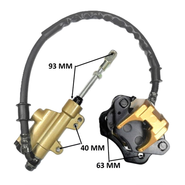 REAR FOOT BRAKE ASSEMBLY  50-125cc Mid Sized Chinese ATVs, Dirtbikes  Caliper Bolts Ctr to Ctr=62 Caliper L=85 W=77<Threaded Rod L=58mm