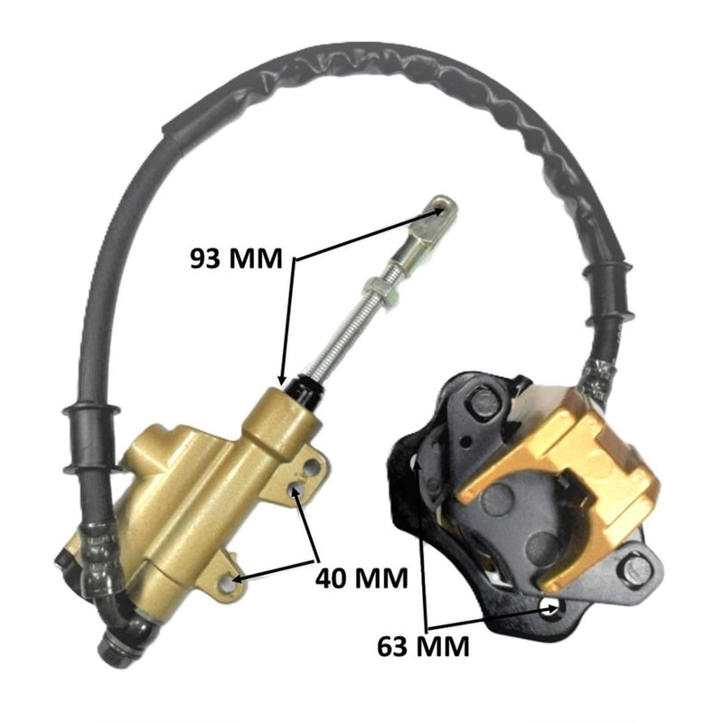 REAR FOOT BRAKE ASSEMBLY  50-125cc Mid Sized Chinese ATVs, Dirtbikes  Caliper Bolts Ctr to Ctr=62 Caliper L=85 W=77<Threaded Rod L=58mm