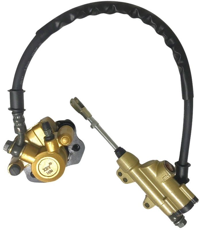 REAR FOOT BRAKE ASSEMBLY  50-125cc Mid Sized Chinese ATVs, Dirtbikes  Caliper Bolts Ctr to Ctr=62 Caliper L=85 W=77<Threaded Rod L=58mm