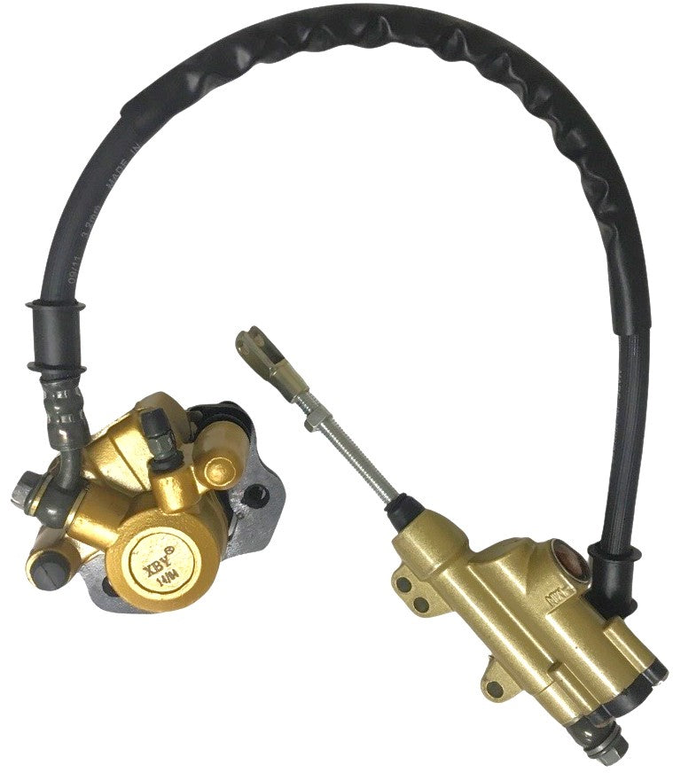 REAR FOOT BRAKE ASSEMBLY  50-125cc Mid Sized Chinese ATVs, Dirtbikes  Caliper Bolts Ctr to Ctr=62 Caliper L=85 W=77<Threaded Rod L=58mm