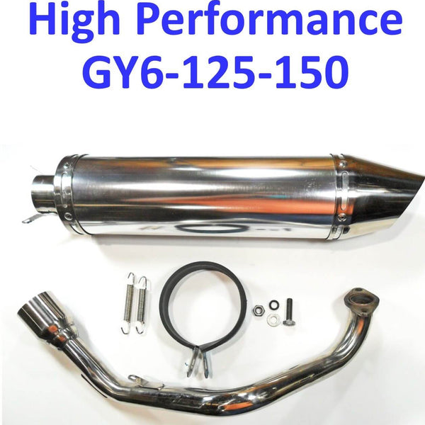 Exhaust Pipe  HIGH PERFORMANCE - CHROME  Fits Most GY6-125, GY6-150 Chinese Scooters  Canister Length (including tip)=17 1/4