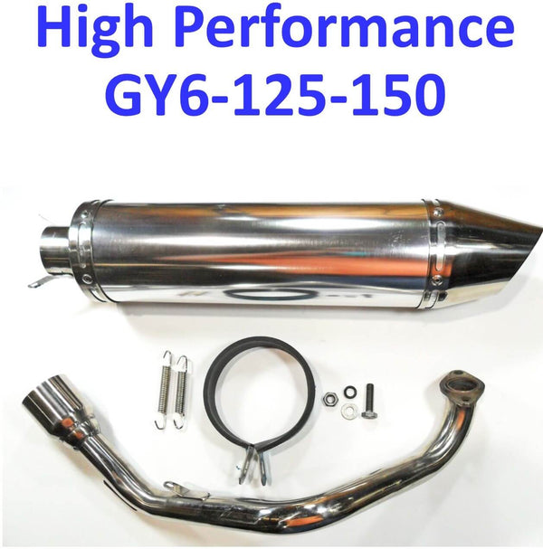 Exhaust Pipe  HIGH PERFORMANCE - CHROME  Fits Most GY6-125, GY6-150 Chinese Scooters  Canister Length (including tip)=17 1/4