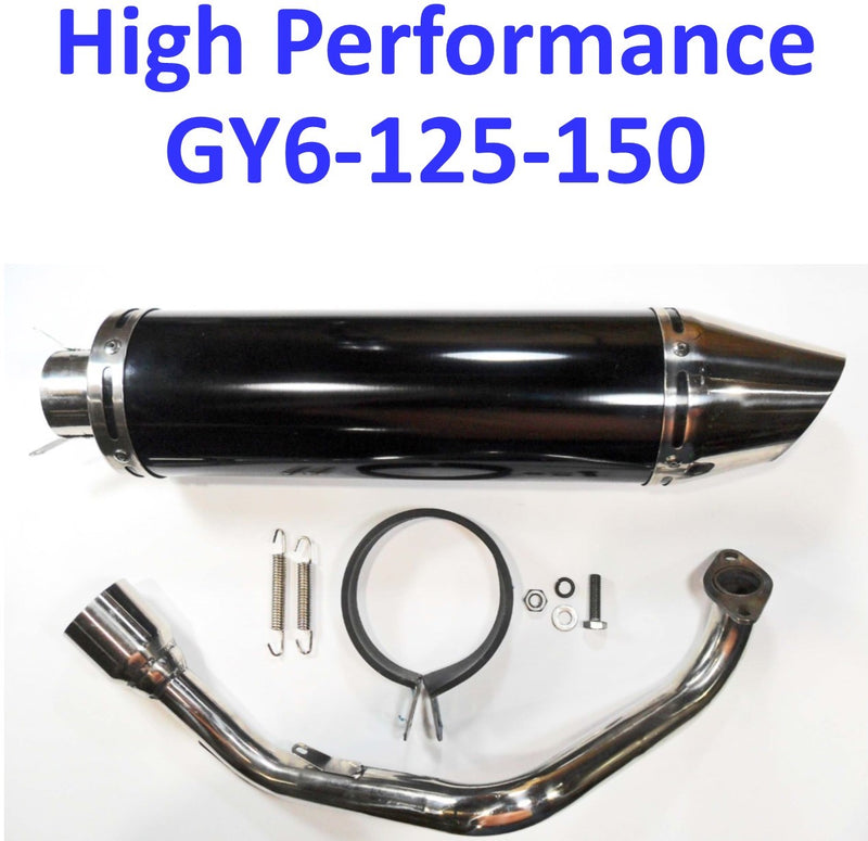 Exhaust Pipe  HIGH PERFORMANCE - BLACK/CHROME  Fits Most GY6-125, GY6-150 Chinese Scooters  Canister Length (including tip)=17 1/4