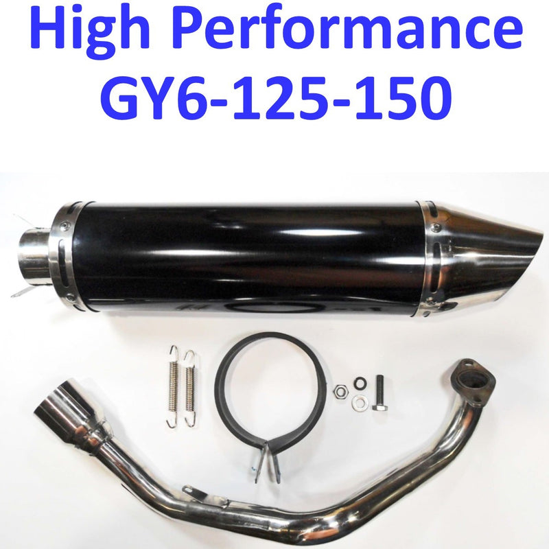 Exhaust Pipe  HIGH PERFORMANCE - BLACK/CHROME  Fits Most GY6-125, GY6-150 Chinese Scooters  Canister Length (including tip)=17 1/4