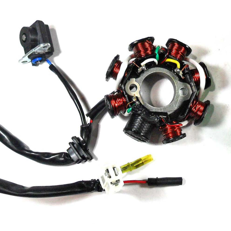Stator 49-150cc 4 Stroke Fits many Chinese ATVs, GoKarts, Scooters 8 Coil 3 Pin in 3 Pin Jack + 2 wires  Bolt c/c = 42mm, Pick up coil mounting c/c = 34mm, ID = 29mm, OD = 88mm