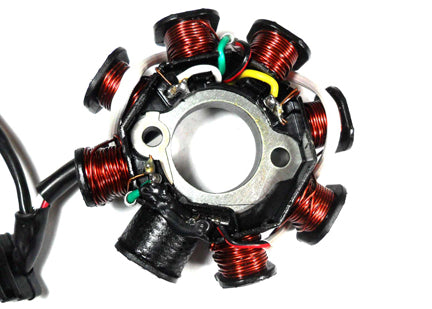 Stator 49-150cc 4 Stroke Fits many Chinese ATVs, GoKarts, Scooters 8 Coil 3 Pin in 3 Pin Jack + 2 wires  Bolt c/c = 42mm, Pick up coil mounting c/c = 34mm, ID = 29mm, OD = 88mm
