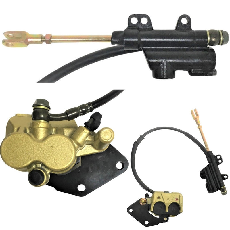 Rear Foot Brake Assembly Fits Many ATVs & DirtBikes Caliper Bolts c/c=45mm, Line L=20in, Master Cylinder Bolts c/c=40-55mm, Rod Length-From Body to Center of Connector Hole=110mm