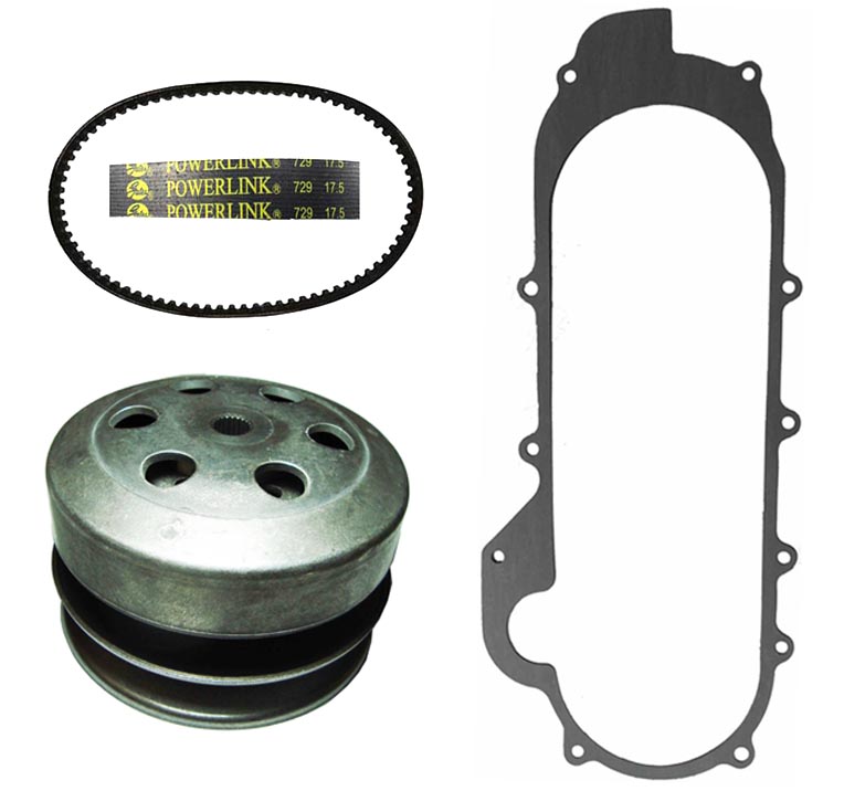 Rear Clutch, Belt & Gasket GY5 50cc 49cc QMB139 Long Case 4 Stroke Scooters - Click Image to Close