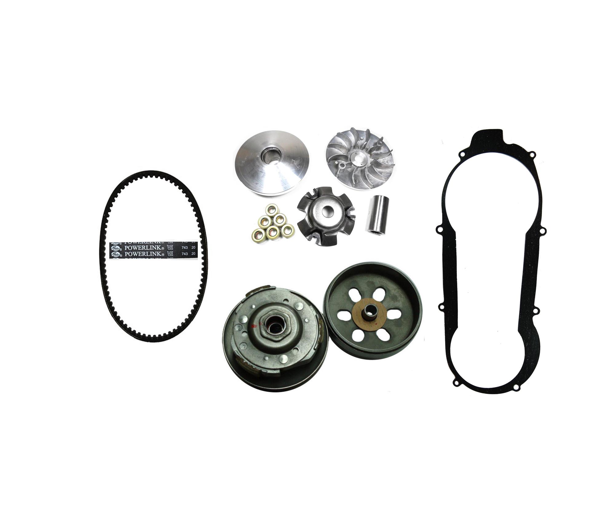 ATV - GoKart Clutch & Belt Kit - 150cc Front Clutch Variator, Rear Clutch Pulley, Drive Belt & Belt Cover Gasket - Click Image to Close