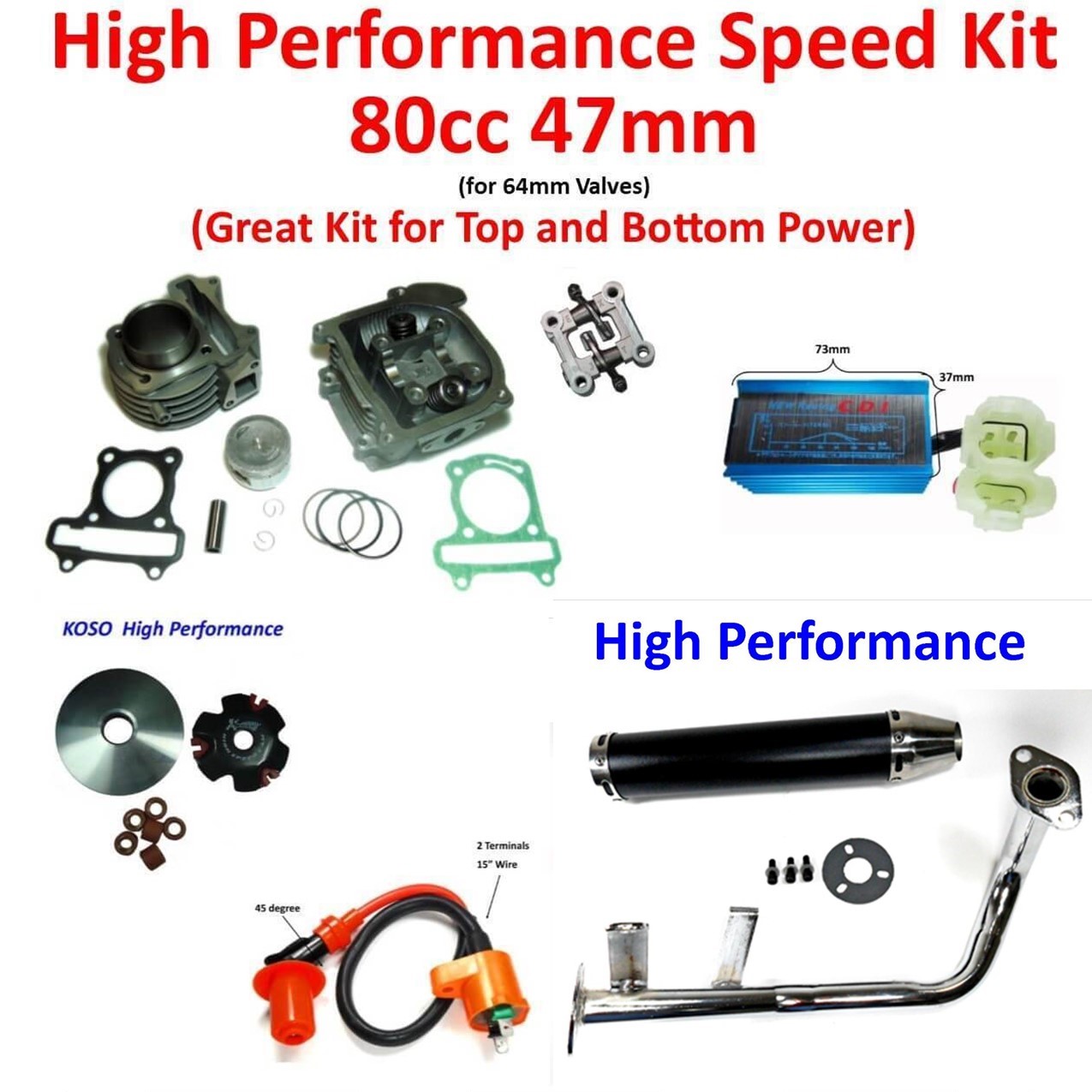 High Performance Speed Kit GY6-80cc (47mm). Comes with all parts shown.