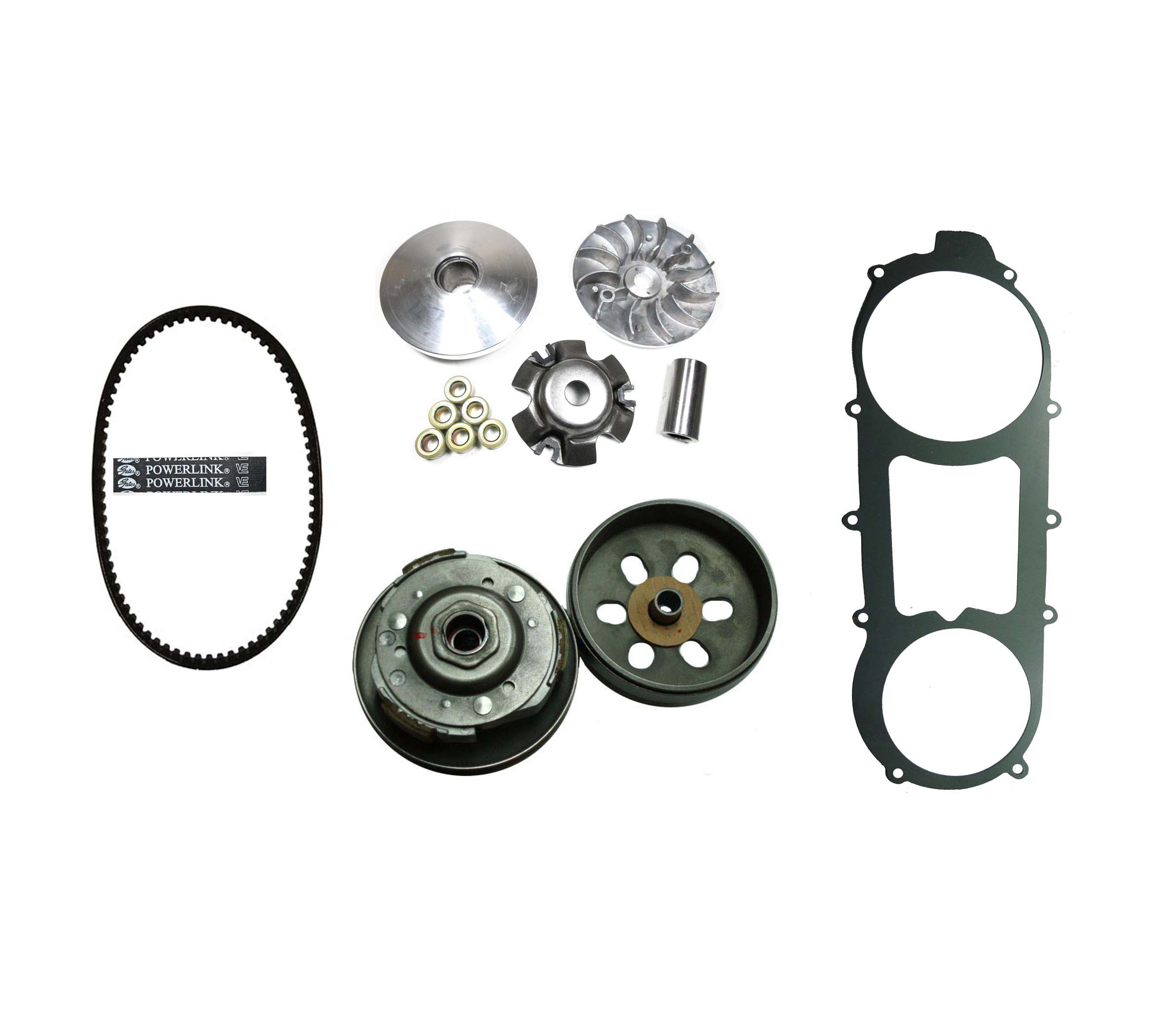 GY6-150 (150cc) Long Case Clutch & Belt Kit Front Clutch Variator, Rear Clutch Pulley, Powerlink Drive Belt & Belt Cover Gasket For units with the 842x20x30 Belt