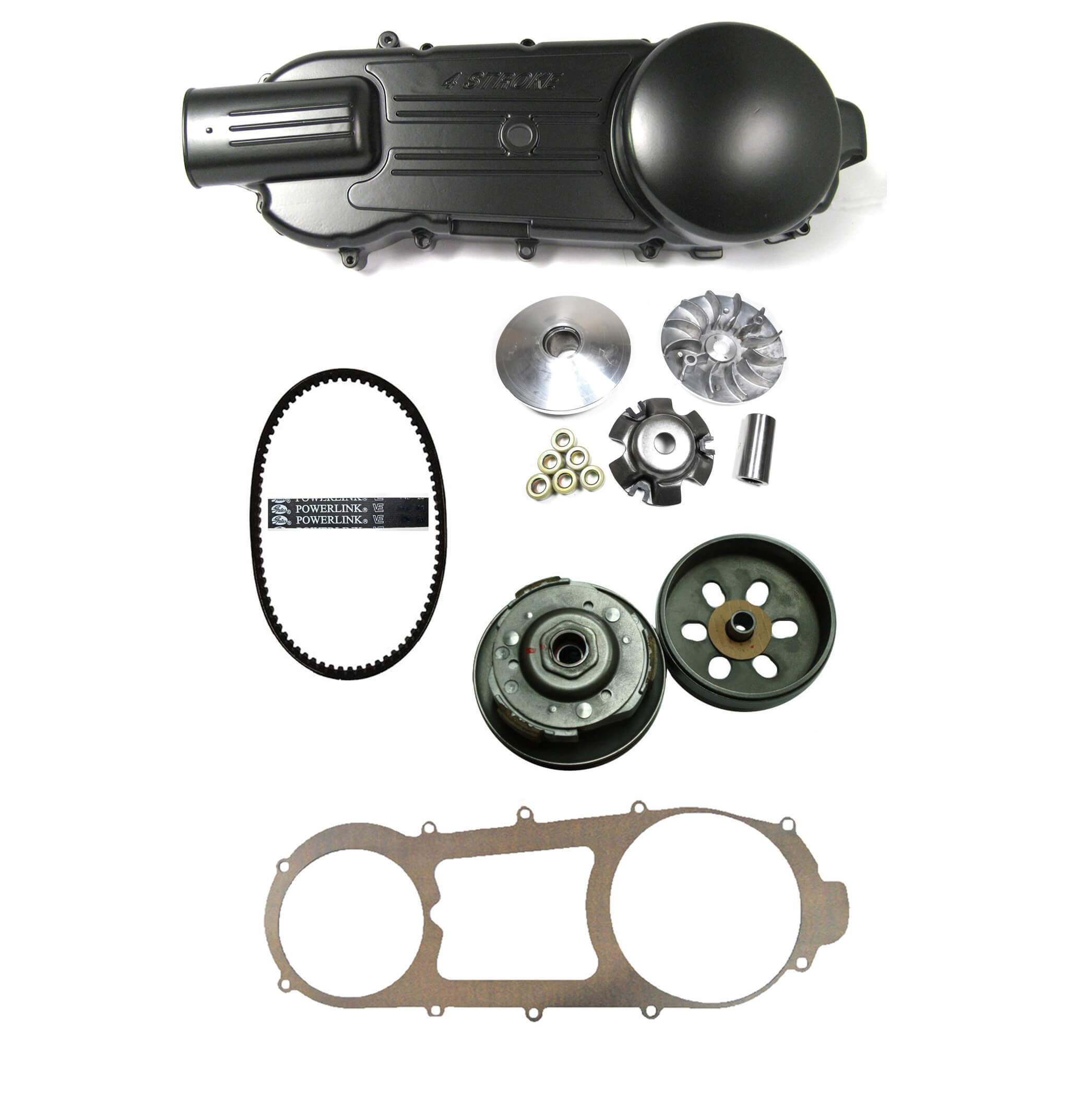 GY6-150 (150cc) Long Case Crankcase Cover, Clutch & Belt Kit Includes: LH Crankcase Cover (Black), Front Clutch Variator, Rear Clutch Pulley, Powerlink Drive Belt & Belt Cover Gasket For Units With The 842x20x30 Belt