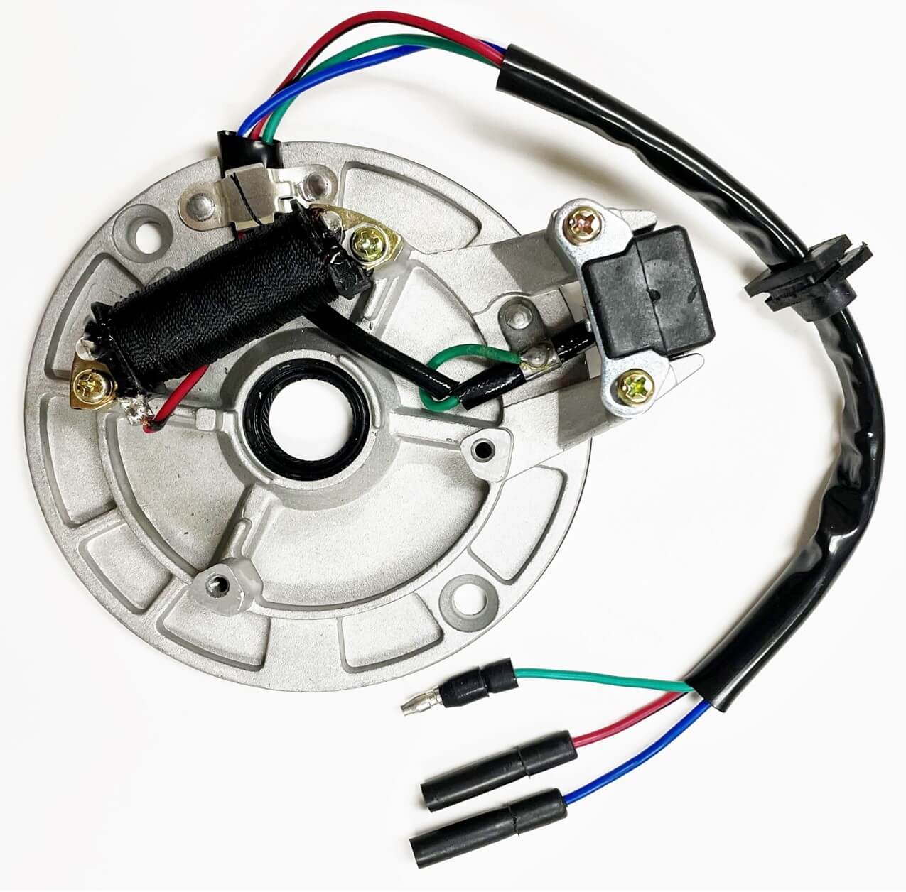 Stator Assembly Fits Baja DR70, Many Tomberlin 50,70,90-110cc + Other Dirtbikes & ATVs. 1 Coil, 3 Wires OD=115mm, Bolts c/c=100mm Shaft Seal ID=18mm - Click Image to Close