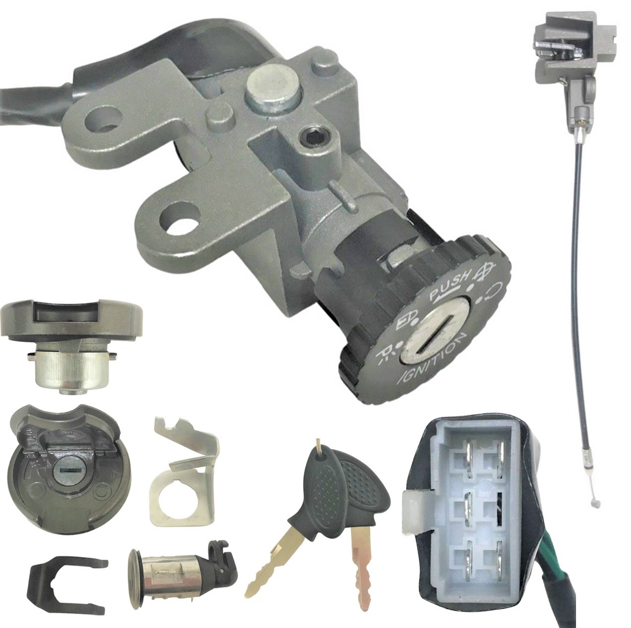 Ignition Switch Set Fits Tao Tao ATM50, Baja SC50S-345 + Many 49-150cc Chinese Scooters 5 Pins in 6 Pin FM Jack Ign Bolts c/c=28 Latch Bolts c/c=55 - Click Image to Close