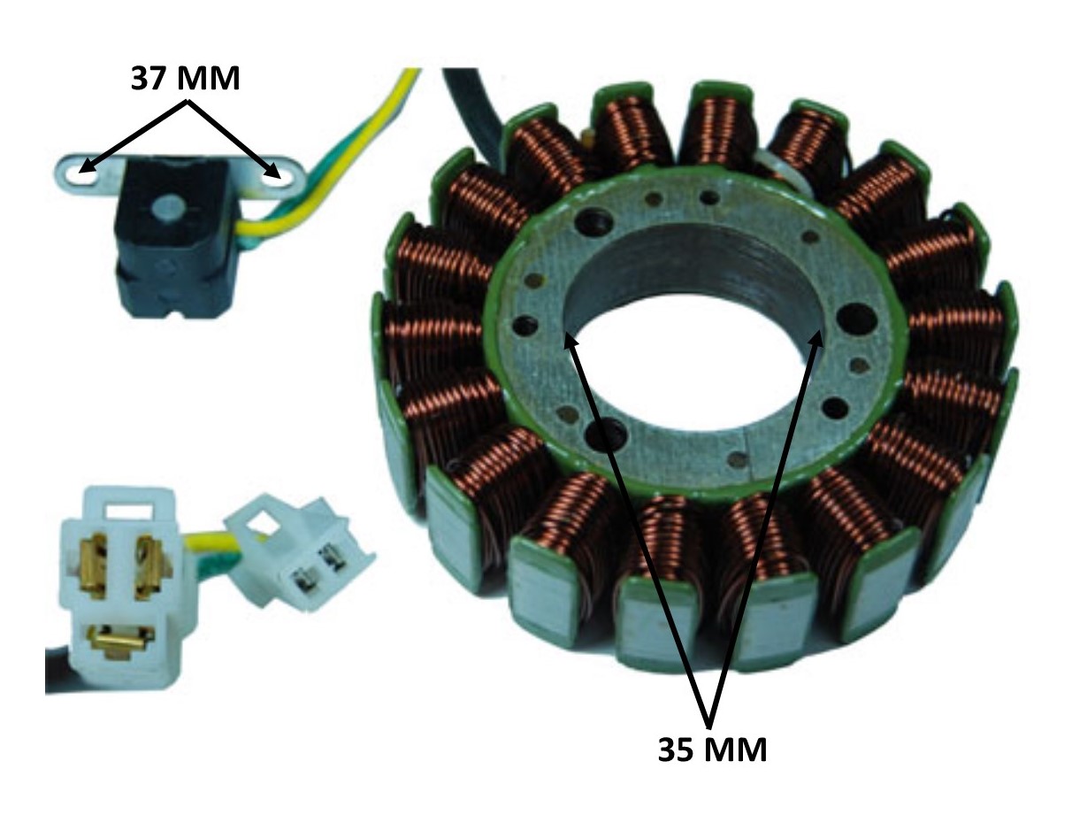 STATOR 150-250cc 4 Stroke 18 Coil OD=93 3 Pin in 3 Pin Male Jack 2 Pin in 2 Pin Male Jack H=23 Ctr Hole ID=35 Pickup Coil Bolts c/c37 - Click Image to Close