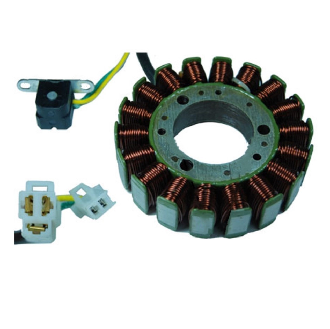 STATOR 150-250cc 4 Stroke 18 Coil OD=93 3 Pin in 3 Pin Male Jack 2 Pin in 2 Pin Male Jack H=23 Ctr Hole ID=35 Pickup Coil Bolts c/c37 - Click Image to Close
