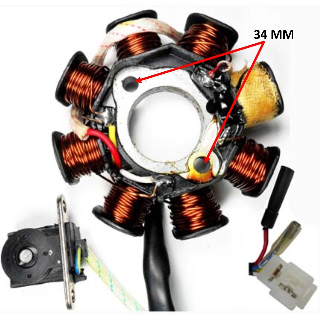 Stator 49-150cc 4 Stroke Fits Many Chinese ATV, GoKarts, Scooters 8 Coil 2 Pin in 3 Pin Jack + 2 Wires 1 Pole Wrapped Pickup Coil c/c=41 - Click Image to Close