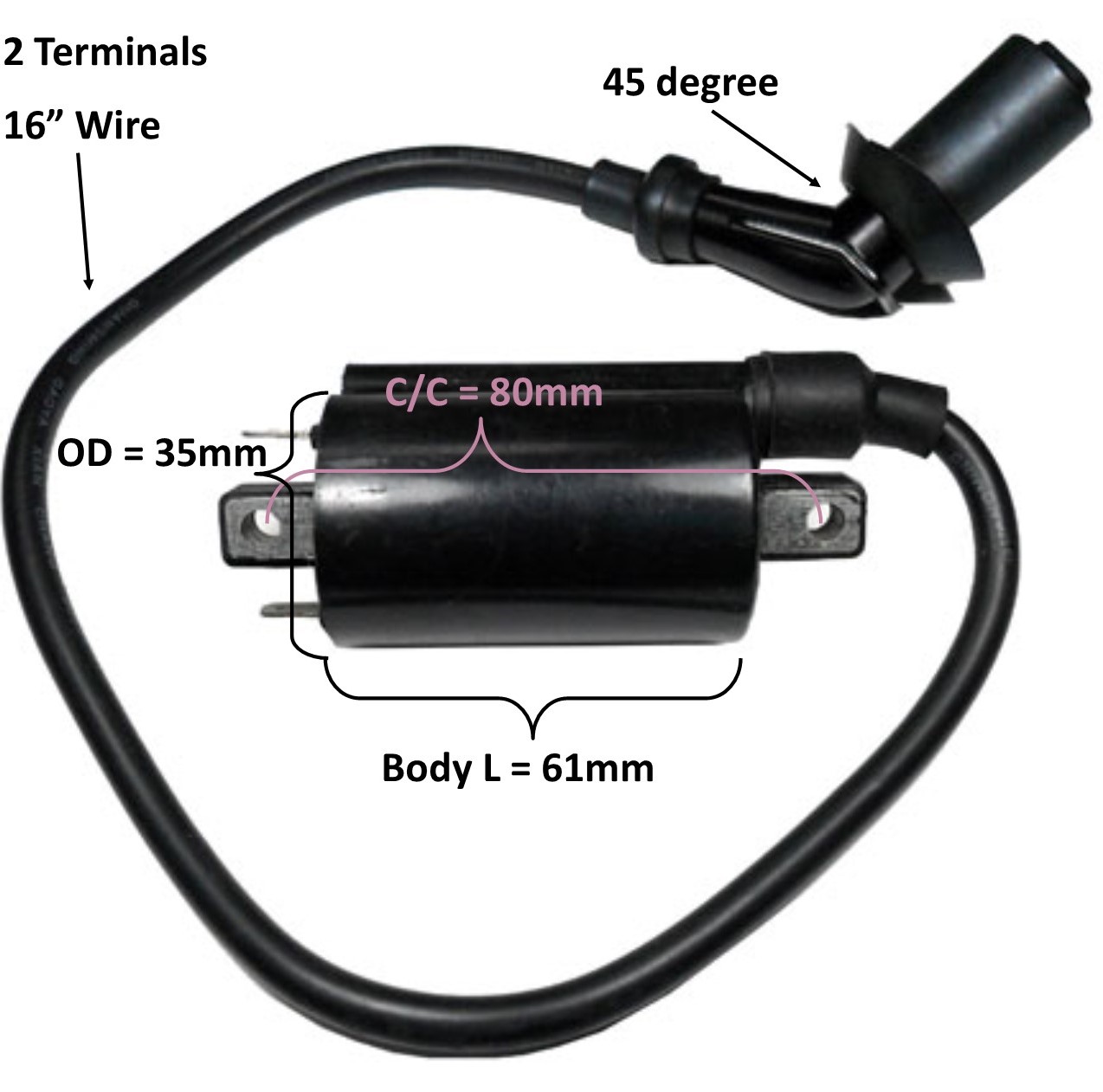 Ignition Coil Plug Cap=45deg 16", 2 Terminals Fits Linhai 260-300, Buyang 300, YP250 + Many Others