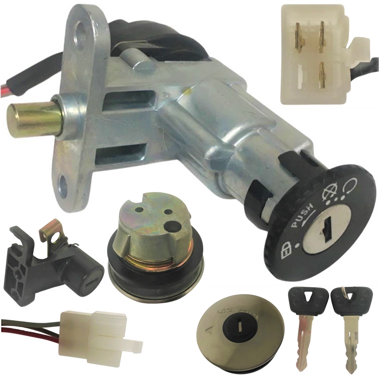 Ignition Switch Fits E-Ton Beamer 50, Matrix 50, 49cc Scooters + Others. 3 Pins in 4 Pin FM Jack Bolt holes Ctr to Ctr= 50mm - Click Image to Close