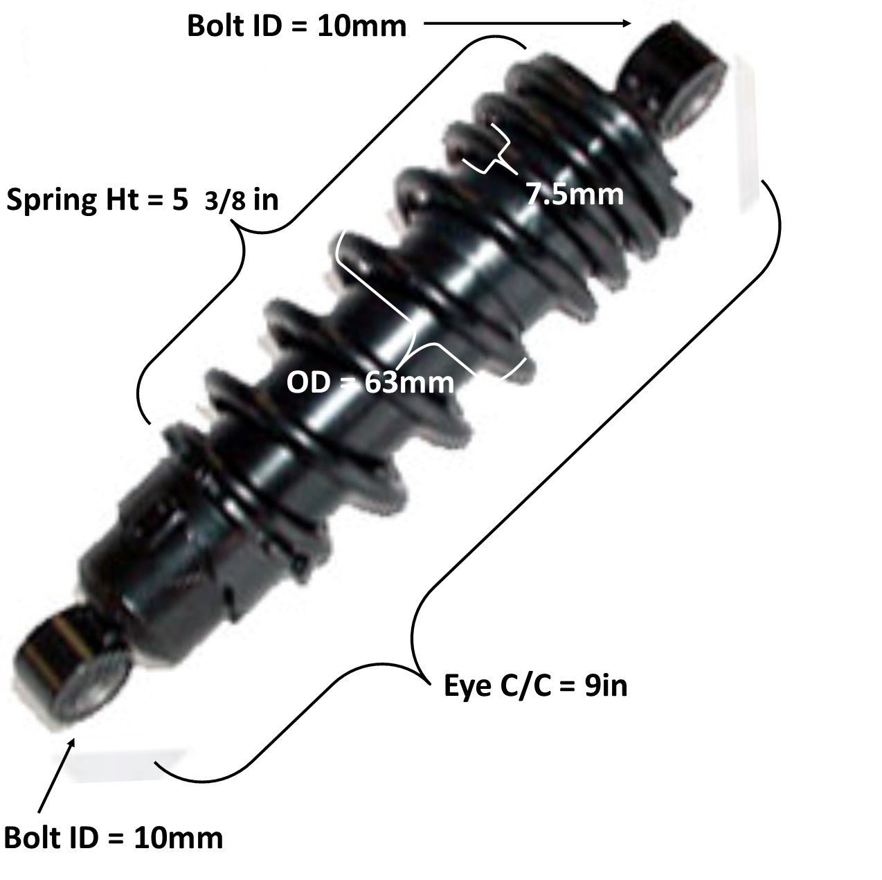 Front Shock Eye c/c= 9in Spring Ht=5 3/8in Spring OD=63mm Spring Thickness=7.5mm Bolt ID Top=10 Bottom=10mm Fits E-Ton Yukon YXL150, CXL150 ATVs + Others
