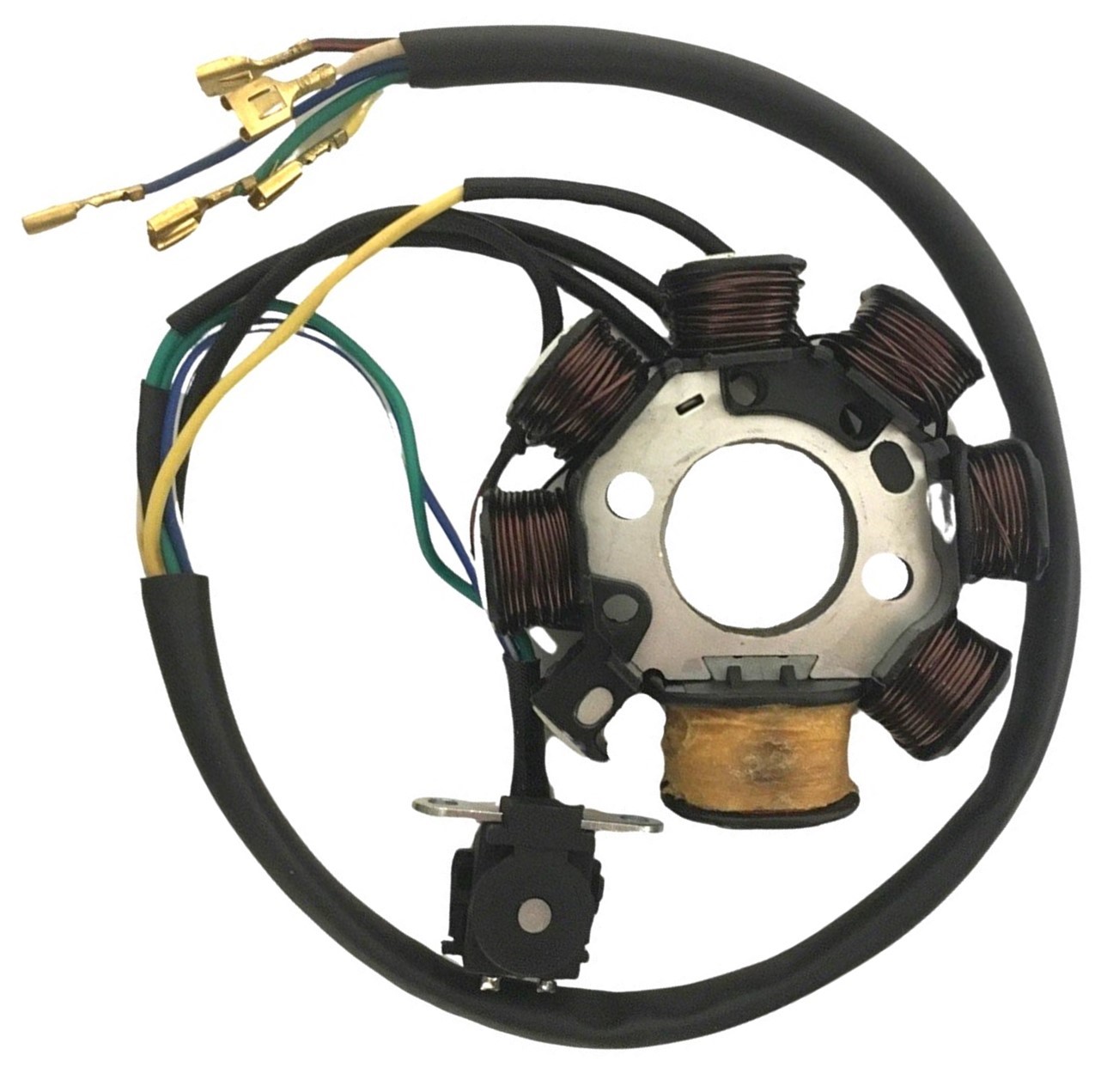 STATOR 90-125cc Fits many Chinese ATVs, Dirt Bikes 8 Pole - 7 Coils + 1 Open 5 Wires - No Jack OD=84 ID=29 H=26 Bolts c/c=40 - Click Image to Close