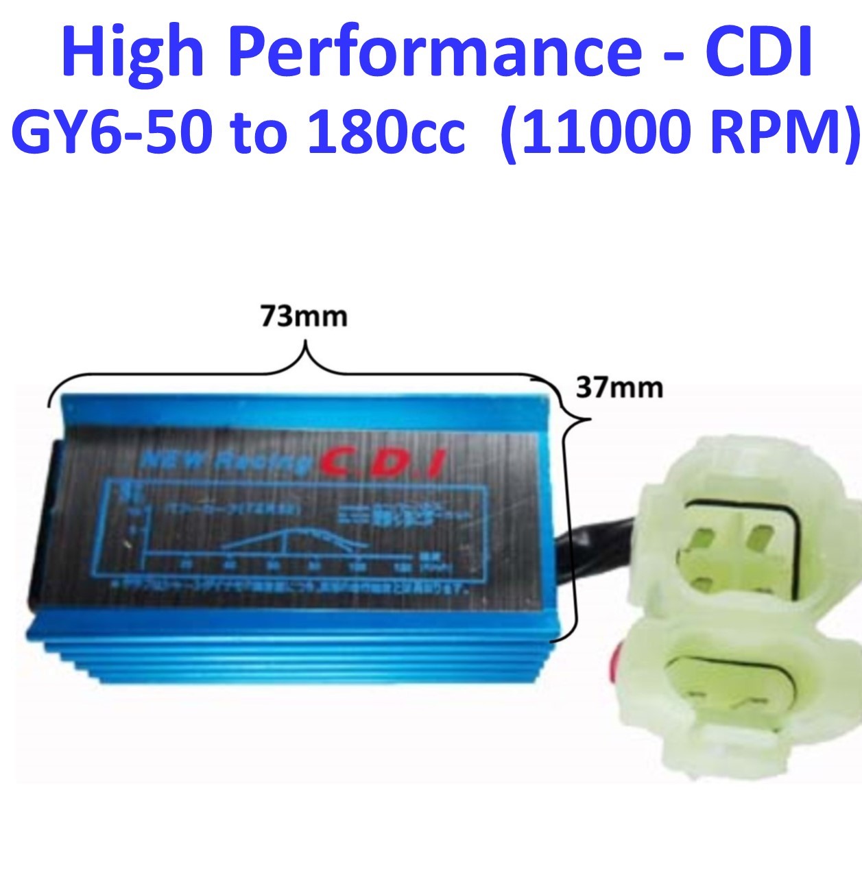 High Performance CDI Box (AC) GY6-50cc 11000 RPM 28deg Angle 2 plug, 6 pin 73mm x 37mm