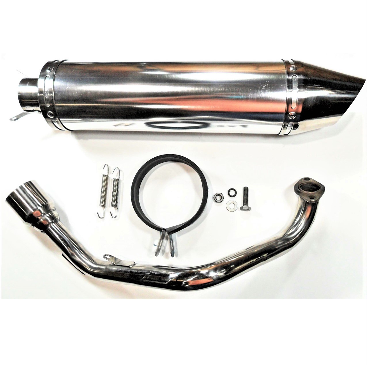Exhaust Pipe HIGH PERFORMANCE - CHROME Fits Most GY6-125, GY6-150 Chinese Scooters Canister Length (including tip)=17 1/4" Canister Diameter=4" - Click Image to Close