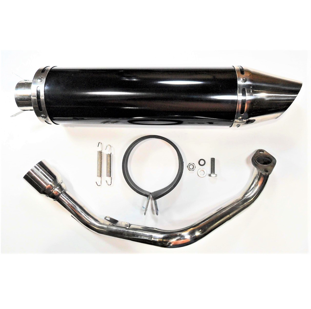Exhaust Pipe HIGH PERFORMANCE - BLACK/CHROME Fits Most GY6-125, GY6-150 Chinese Scooters Canister Length (including tip)=17 1/4" Canister Diameter=4" - Click Image to Close