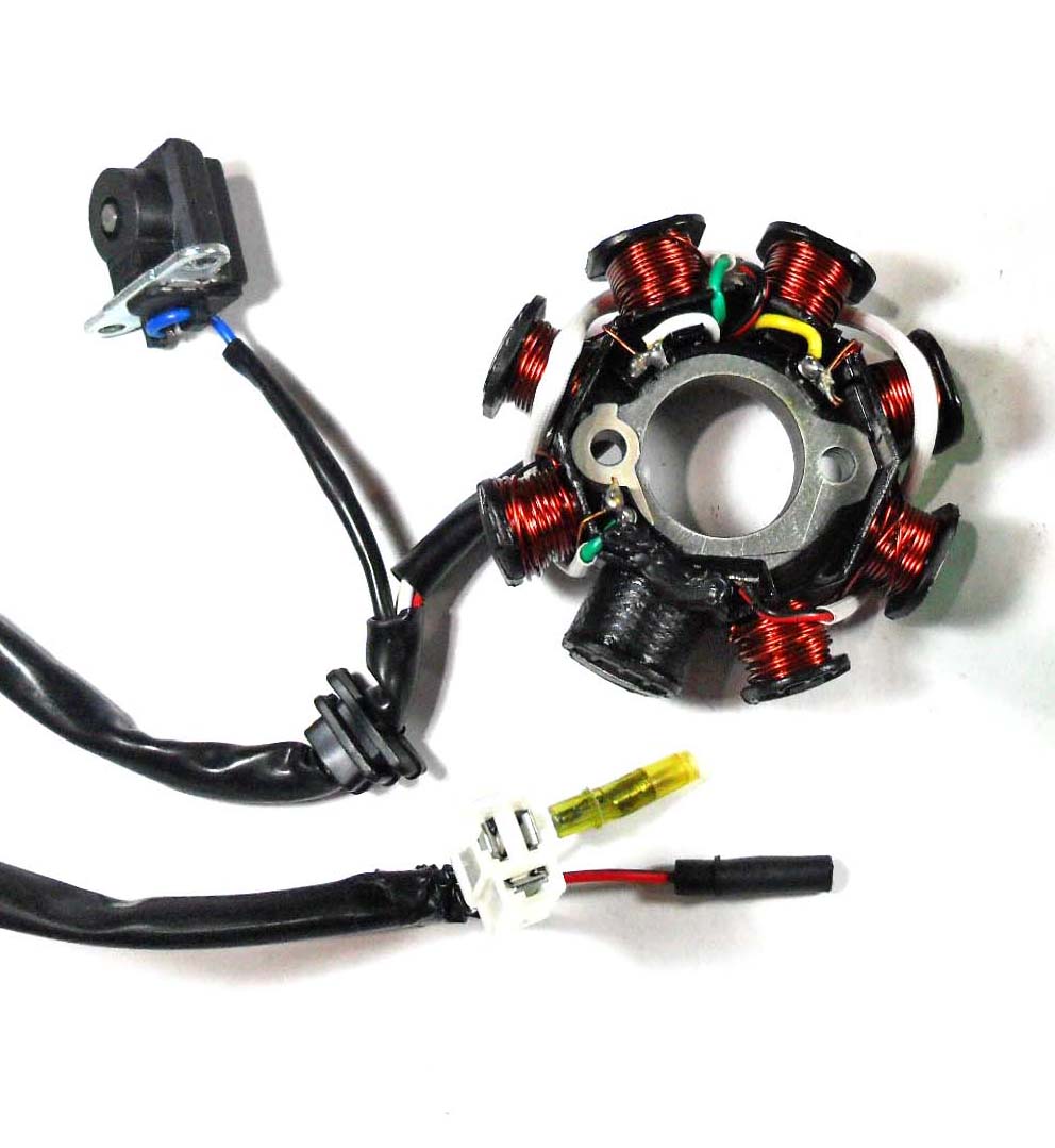Stator 49-150cc 4 Stroke Fits many Chinese ATVs, GoKarts, Scooters 8 Coil 3 Pin in 3 Pin Jack + 2 wires Bolt c/c = 42mm, Pick up coil mounting c/c = 34mm, ID = 29mm, OD = 88mm