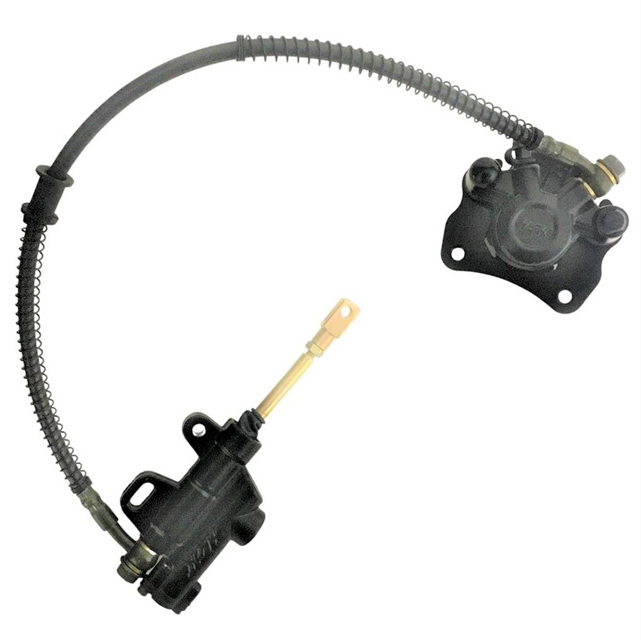 REAR FOOT BRAKE ASSEMBLY Crt Bolt to End of Arm L=84mm Line L=22" Caliper Bolts c/c=62mm Master Cylinder bolts c/c 40-50mm Rod Length from Base to Center of Connector Pin = 90mm - Click Image to Close