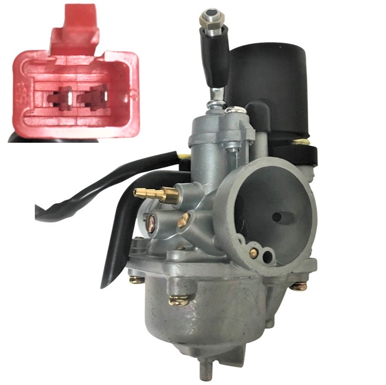 Mikuni Style 18mm 2 Stroke Carburetor with Electric Choke Intake OD=24mm Air OD=38mm Made in China, this is a less expensive alternative for 50,70,90cc 2 Stroke ATVs & Scooters.