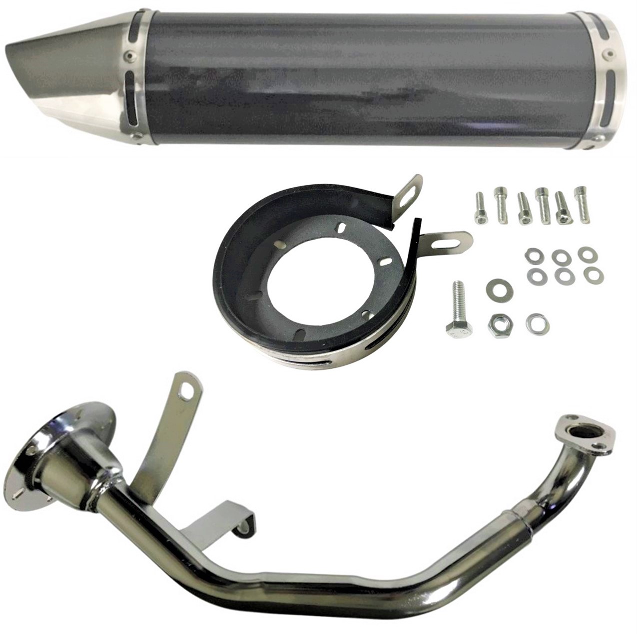 Exhaust Pipe HIGH PERFORMANCE - BLACK/CHROME Fits Most GY6-125, GY6-150 Chinese Scooters Canister L=44cm 17.50in. OD=10cm 4.0in - Click Image to Close