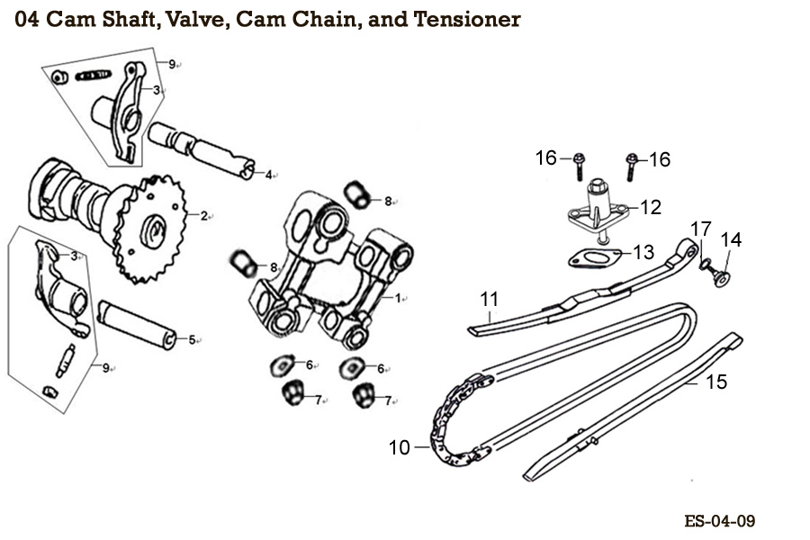  Cam Shaft, Valve, Cam Chain, and Tensioner