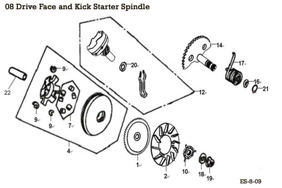 Front Clutch Variator Drive Face and Kick Starter Spindle
