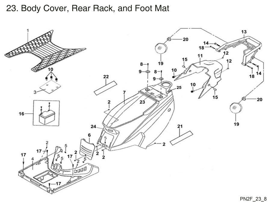  Body Cover, Rear Rack, and Foot Mat