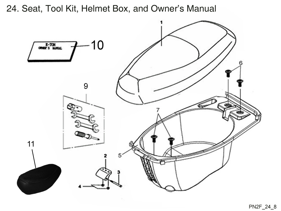  Seat, Tool Kit, Helmet Box, and Owner's Manual